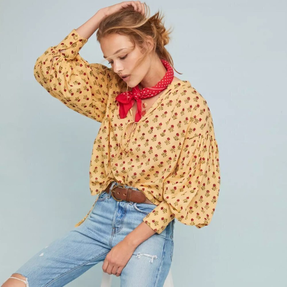 Anthropologie Kinga Csilla Yellow Rose Printed Boho Blouse